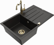 Graniidist köögivalamu Mexen Bruno 6513-75-670700-50, 79.5 x 49.5 x 20 cm, metallic black/gold/chrome, segisti ja sifooniga