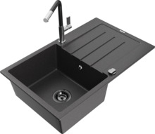 Graniidist köögivalamu Mexen Bruno 6513-76-670401-07-B, 79 x 49 x 20 cm, must granite/chrome, koos segisti ja sifooniga
