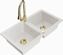 Graniidist köögivalamu Mexen Mario 6504-20-670101-50, 82 x 43.6 x 16.1 cm, valge/gold, koos segisti ja sifooniga