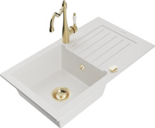 Graniidist köögivalamu Mexen Pablo 6510-20-670700-50, 75.2 x 43.6 x 16.1 cm, valge/gold, koos segisti ja sifooniga