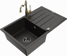 Graniidist köögivalamu Mexen Bruno 6513-75-670700-50-B, 79.5 x 49.5 x 20 cm, metallic black/gold, segisti ja sifooniga