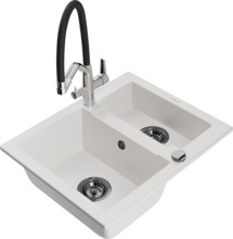 Graniidist köögivalamu Mexen Carlos 6518-20-671701-07-B, 58.2 x 47.5 x 17.7 cm, valge/must/kroom, segisti ja sifooniga