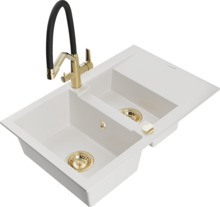 Graniidist köögivalamu Mexen Gaspar 6507-20-671701-57-G, 73 x 47 x 17.7 cm, valge/must/gold, koos segisti ja sifooniga