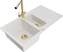 Graniidist köögivalamu Mexen Matias 6502-20-671600-50, 90 x 50.5 x 20 cm, valge/kuldne, segisti ja sifooniga