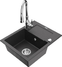 Graniidist köögivalamu Mexen Enzo 6506-76-672601-00, 57 x 46 x 17.4 cm, black granite+chrome, koos segisti ja sifooniga