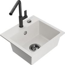 Graniidist köögivalamu Mexen Milo 6505-20-670401-70-B, 43.5 x 41 x 17.1 cm, valge/must, koos segisti ja sifooniga