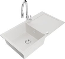 Graniidist köögivalamu Mexen Leo 6501-20-672601-00, 90 x 50 x 19 cm, valge, koos segisti ja sifooniga