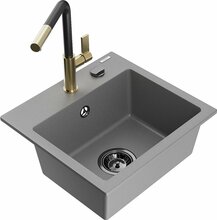 Graniidist köögivalamu Mexen Milo 6505-71-670401-57-B, 43.5 x 41 x 17.1 cm, hall/must/kuldne, segisti ja sifooniga