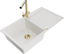 Graniidist köögivalamu Mexen Leo 6501-20-671600-50, 90 x 50 x 19 cm, valge/gold, koos segisti ja sifooniga