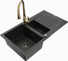 Graniidist köögivalamu Mexen Matias 6502-75-672601-50-B, 90 x 50.5 x 20 cm, metallic must/kuldne, segisti ja sifooniga