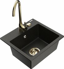Graniidist köögivalamu Mexen Milo 6505-75-670200-50, 43 x 41 x 17 cm, must/kuldne, segisti ja sifooniga