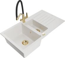 Graniidist köögivalamu Mexen Matias 6502-20-671701-57-G, 90 x 50.5 x 20 cm, valge/must/kuldne, segisti ja sifooniga
