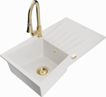 Graniidist köögivalamu Mexen Cesar 6514-20-670101-50, 77.5 x 47 x 20 cm, valge/kuldne, koos segisti ja sifooniga