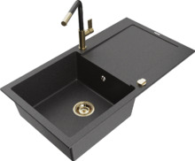 Graniidist köögivalamu Mexen Leo 6501-76-670401-75-G, 90 x 50 x 19 cm, must täpiline, koos segisti ja sifooniga