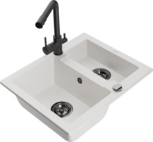 Graniidist köögivalamu Mexen Carlos 6518-20-671600-70, 58.2 x 47.5 x 17.7 cm, valge/must, koos segisti ja sifooniga