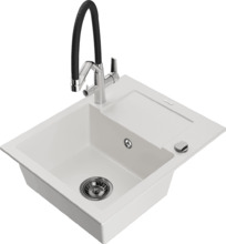 Graniidist köögivalamu Mexen Enzo 6506-20-671701-07-B, 57 x 46 x 17 cm, valge/must/kroom, koos segisti ja sifooniga