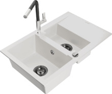 Graniidist köögivalamu Mexen Gaspar 6507-20-670401-07-B, 73 x 47 x 17.7 cm, valge/must/chrome, koos segisti ja sifooniga