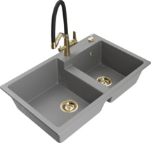Graniidist köögivalamu Mexen Tomas 6516-71-671701-57-G, 80 x 50 x 19 cm, hall/must/kuldne, koos segisti ja sifooniga