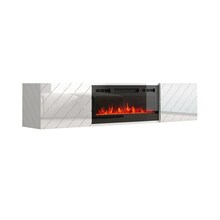 TV-alus Cama Meble RTV Luxe, 182,6 x 34,5 x 37,5 cm, valge/läikiv valge koos musta kaminaga