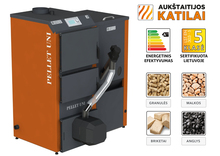 Pelletikatel Aukštaitijos katilai Pellet UNI 26, pöörd-põleti 26 kW, kruvi, 320 L metallpunker