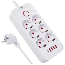 Pikendusjuhe Maclean MCE389 W, 6 pistikupesa + 4xUSB, 1.5 m, valge, 2500 W