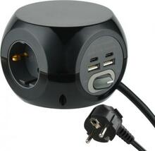 Pikendusjuhe Electraline 62080, Mini Cube, 1.5 m, must, 3 pistikupesa + 4 USB