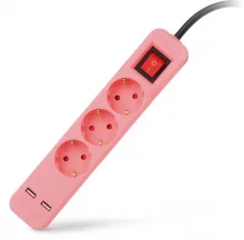Pikendusjuhe Entac 3 pistikut + 2 USB-A, 1.5 m, roosa