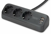 Pikendusjuhe Digitus DA-70625, 3 pistikut, 2x USB-A 12W, 1x USB-C 30W, 1.5 m, must