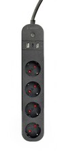 Pikendusjuhe Gembird TSL-PS-S4U-01, 4 pistikut, USB laadija, 1.5 m, must