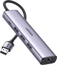 Adapter Ugreen 5in1 USB-A \/ 3x USB 3.0 + RJ45 + USB-C, hõbedane