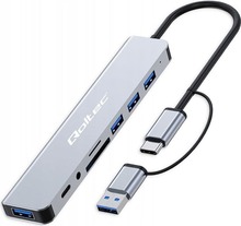 Adapter Qoltec HUB 8in1 USB-C 4xUSB, SD/TF kaardilugeja ja 3,5 mm TRRS liidesega