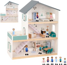 Puidust nukumaja Tooky Toys, koos figuuride ja mööbliga, 70 cm