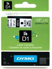 Etiketilint Dymo D1, 12 mm x 7 m, must tekst valgel lindil