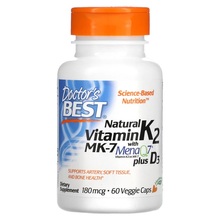 Doctor's Best K2 MK7 vitamiin koos MenaQ7 ja D3-vitamiiniga, 180 mcg, 60 kapslit