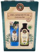 Komplekt Receptury Zielarki Herbal Ritual of the Senses: mee ja pärna šampoon 350 ml, mustika vannisool 700 g, juukselint 1 tk