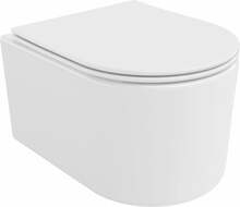 Seinale paigaldatav WC-pott Mexen Sofia Rimless Duroplast Slim, valge, aeglaselt langeva kaanega, 360 x 480 mm