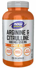 Now Foods L-arginiin 500 mg + L-tsitrulliin 250 mg, 240 kapslit